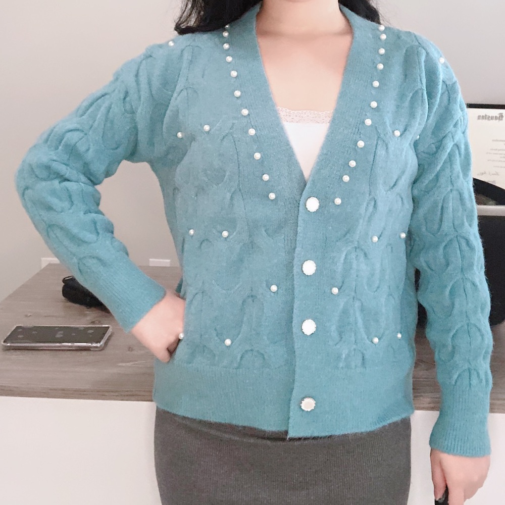 Women winter v neck long sleeve pearl knit sweater cardigan pullover jacket